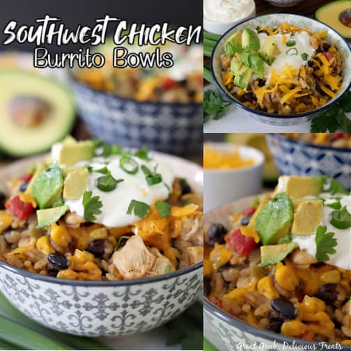A 3 photo collage of southwest chicken burrito bowls with close up photos in a white and grey bowl with grey trim, topped with sour cream, cheese, green onions, and avocados. An avocado in the background and another blue and white bowl.