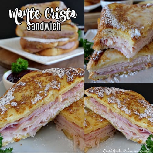 A three photo collage of monte cristo sandwiches, all on a white plate, cut in halves and stacked on top of one another. The main picture has a small white bowl if raspberry jam and 2 sandwiches sitting on a white plate in the background.
