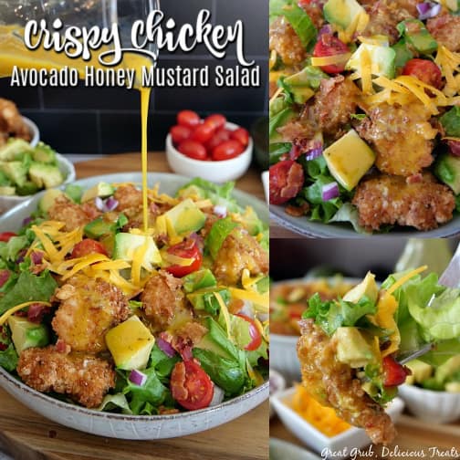 A 3 photo collage Crispy chicken salad in a white bowl with blue trim, with honey mustard dressing being poured on top of the salad. A small white bowl of grape tomatoes, a small white bowl of diced avocados, and a small white bowl of cheddar cheese in the background. A close up photo of crispy chicken salad, and another photo of a bite of salad on a fork.