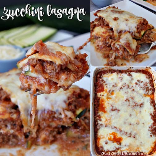 Zucchini Lasagna is a delicious, hearty, cheesy healthier version of the classic lasagna recipe. A collage of 3 photos of zucchini lasagna: a bite of lasagna in one picture, the baking dish full of lasagna in another picture and a white plate with a serving of lasagna on it in the third picture.