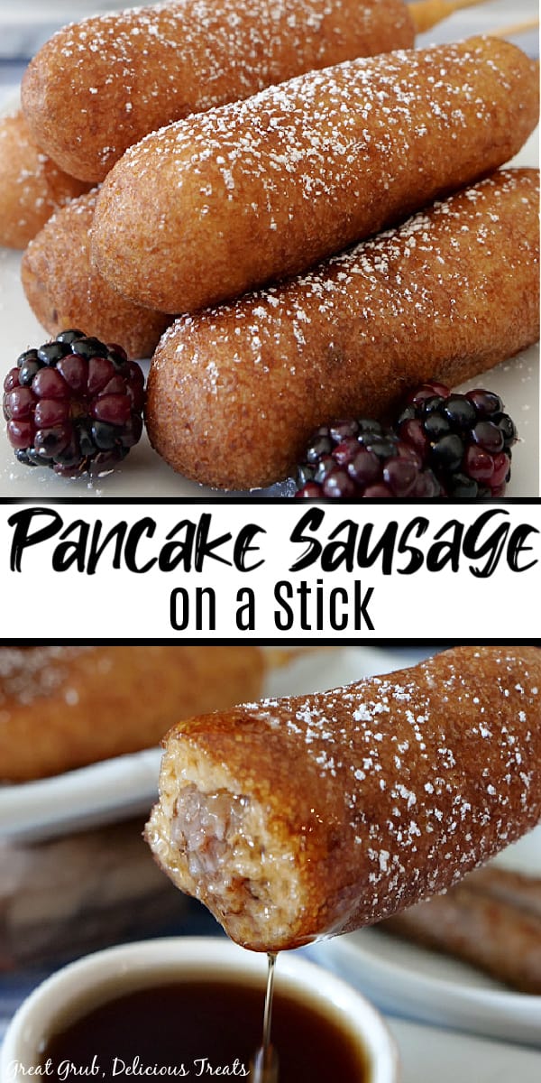 A double photo of pancake sausage on a stick with the top photo of pancake sausage on a stick stacked up on a white plate with blackberries in the foreground and the bottom picture is a pancake sausage on a stick with a bite taken out out and dipped in maple syrup.