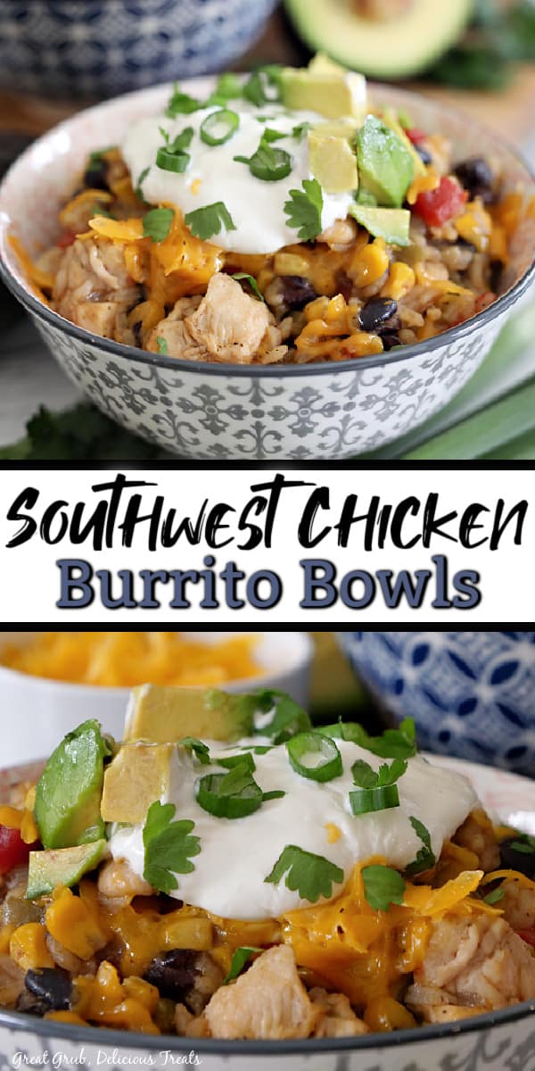 A double collage photo of a grey and white bowl with a serving of Southwest Chicken Burrito Bowl..
