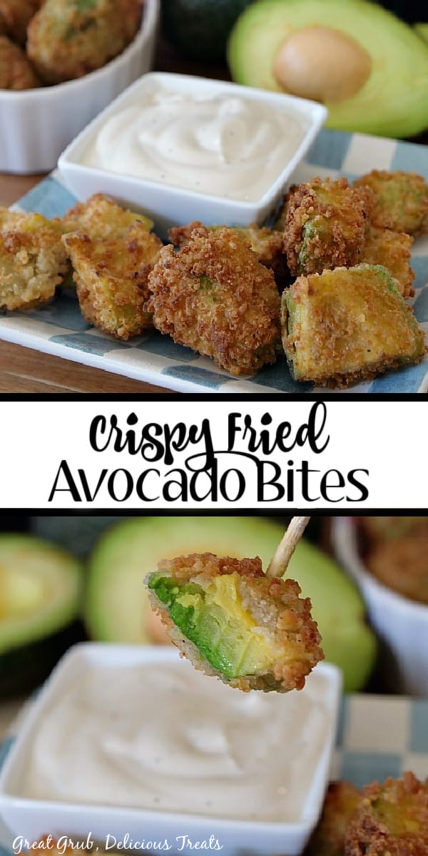A double collage picture of crispy fried avocado bites on a white and blue checkered plate with a square bowl filled with ranch dressing in the top photo and the bottom photo is an avocado bite being dipped in ranch dressing.