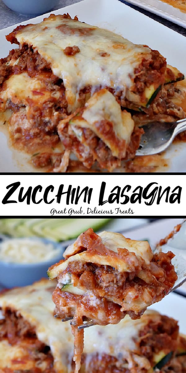 A double collage picture of a white plate with a serving of lasagna on it and the bottom photo is a bite of zucchini lasagna on a fork.