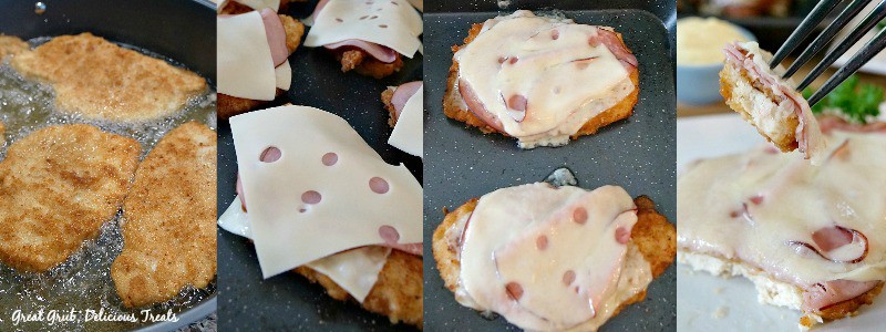 In process shots of Malibu Chicken being fried, then sliced Swiss and ham placed on top, and then a picture of the chicken with the melted cheese and ham on top and the last picture shows a piece of chicken on a fork above the large size chicken on a white plate below.