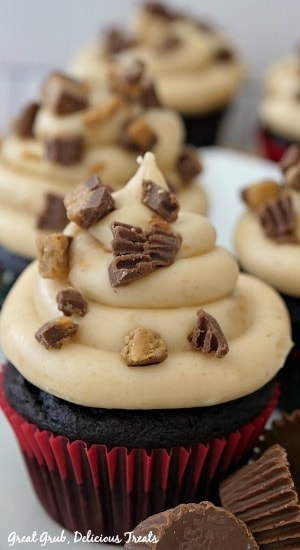 A close up photo of chocolate cupcakes with peanut butter frosting and chunks of peanut butter cups on top with a few cupcakes in the background.