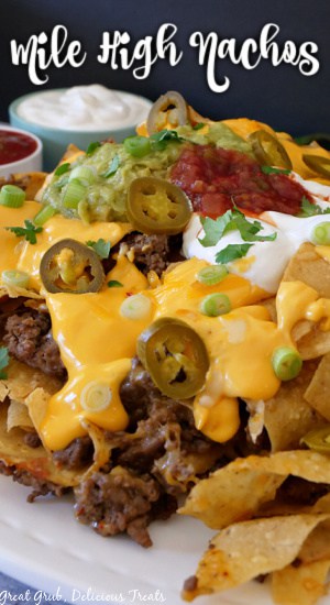 A close up of nachos on a white plate.