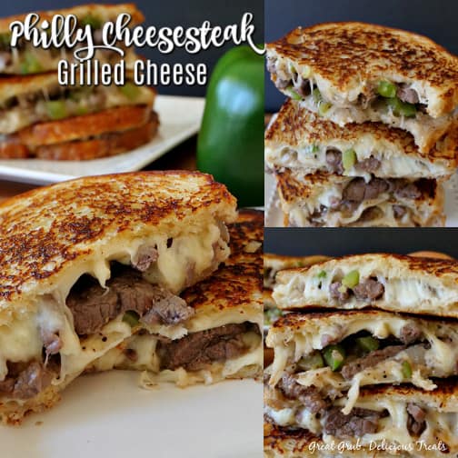 A three collage photo of Philly cheesesteak grilled cheese.