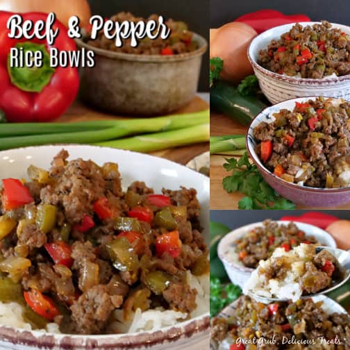 A collage of 3 pictures of beef and pepper rice bowls with bell peppers, onions, green onions, and parsley in the background with the title in the top left corner.