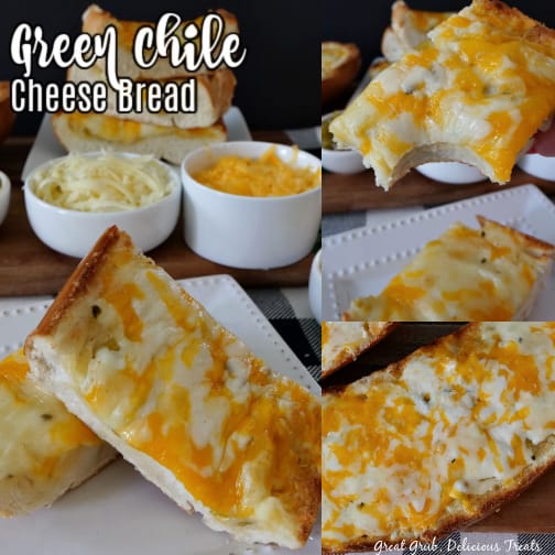 A 3 photo collage of sliced green chile cheese bread on a white plate with two small bowls of shredded cheese in the background.