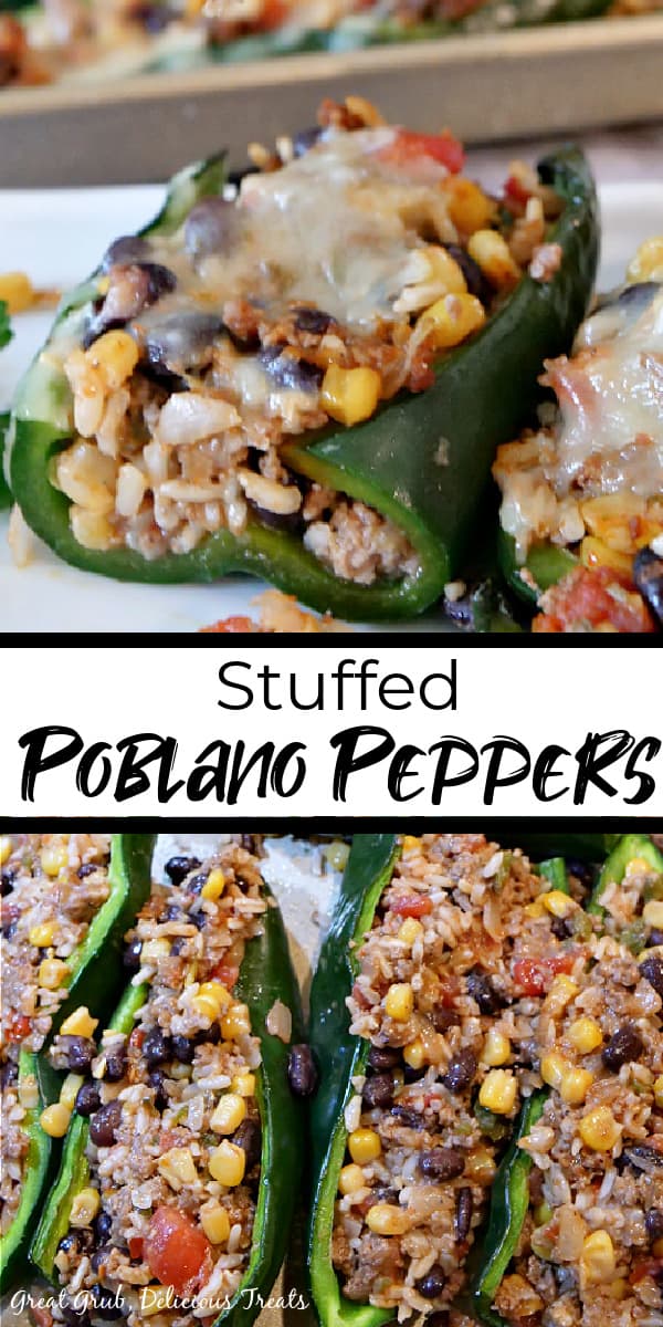 A double pin of stuffed poblano peppers on a white plate and another picture of 4 stuffed peppers lined up on a baking sheet.