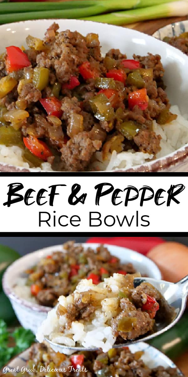 A collage of 2 pictures of beef and pepper rice bowls. Top picture is beef and peppers on top of a bed of rice on a white plate with green onions in the background, bottom picture is 2 beef and pepper rice bowls with a spoonful held up and vegetables in the background, the title is in the middle of the 2 pictures.