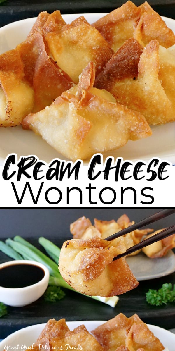 A double photo with 5 fried cream cheese wontons on a white plate in the top photo and a single wonton being held up with chopsticks in the bottom photo.