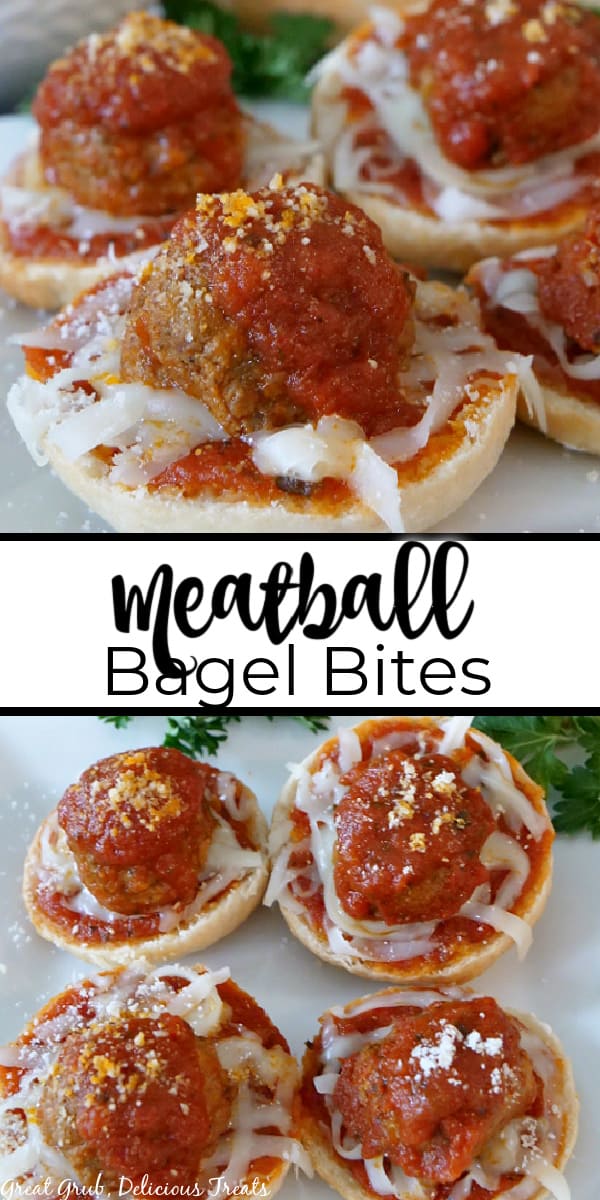 A double picture of Meatball Bagel bites on a white plate with parsley in the background and the title in the middle.