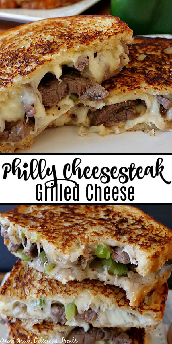 A double collage photo of Philly cheesesteak grilled cheese.