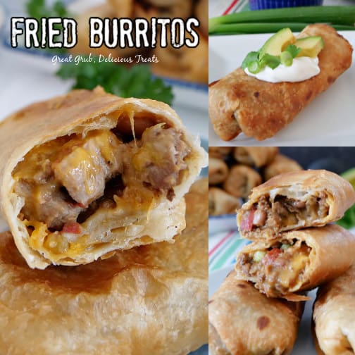 A 3 collage photo of fried burritos showing the inside filling in two of the photos and one photo showing the burrito with sour cream, avocado and sliced green onions on top.