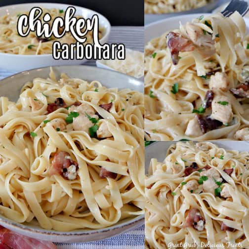 A three photo collage of chicken carbonara in a large white bowl, featuring chunks of chicken, chopped bacon, parmesan cheese, and parsley.