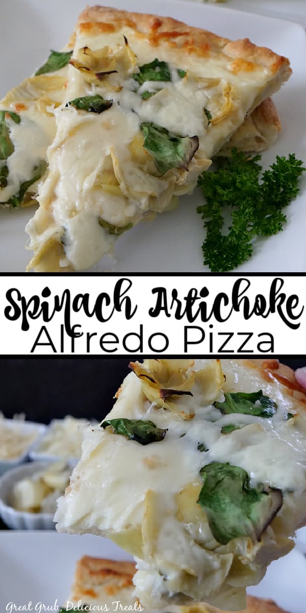 A double collage photo with two slices of spinach artichoke alfredo pizza on a white plate on the top and a piece of pizza with a bite taken out of it in the bottom photo.