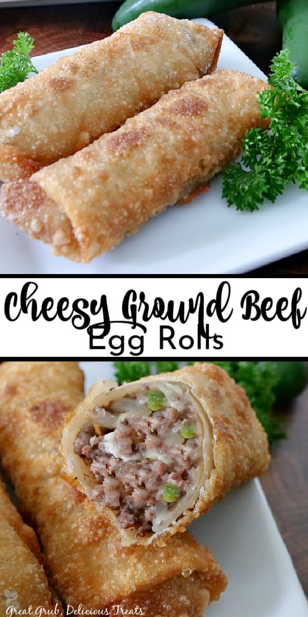 A double collate photo with two egg rolls on a white plate in the top photo and the bottom photo is an egg roll showing the inside ingredients.