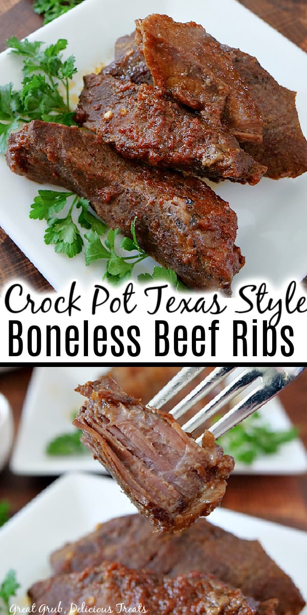 A double collage photo of Crock Pot Texas Style Boneless Beef Ribs on a white plate.