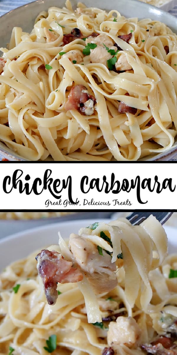 Chicken Carbonara is a delicious traditional pasta recipe that has bacon and chicken and is tossed in a mixture of eggs and parmesan cheese. A double photo collage of chicken carbonara in a white bowl, topped with chicken, bacon, and parsley.