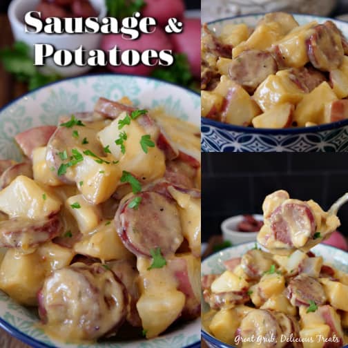 A three photo collage of sausage and potatoes in a blue and white bowl.