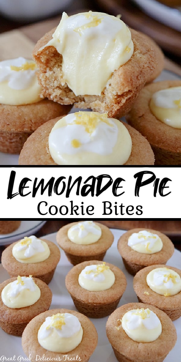 A double collage photo of a close up of a few mini lemonade pie cookie bites and a white plate with 8 cookie bites on it.