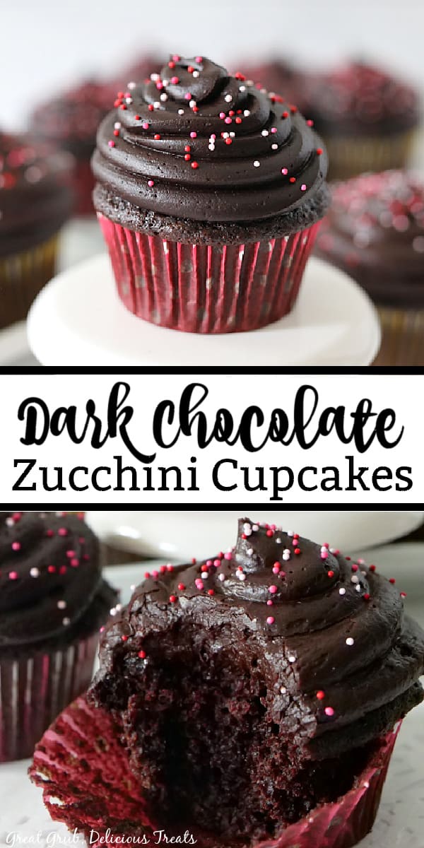 A double collage photo of Dark Chocolate Zucchini Cupcakes with one on a small white cupcake stand and another with a bite taken out of it.