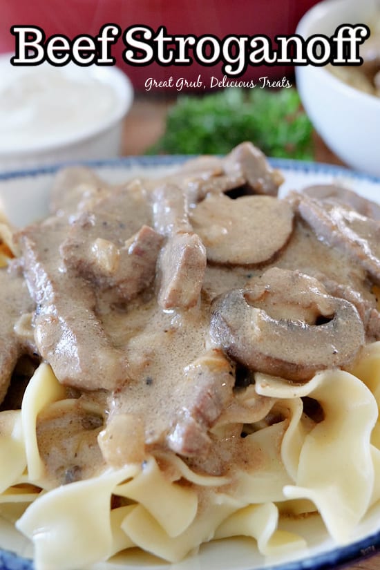 Beef Stroganoff in a white bowl with blue trim. A small white bowl with sour cream is in the background, along with parsley and a bowl of Beef Stroganoff. The title is at the top. 