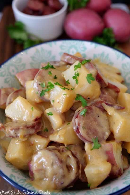 A blue and white bowl filled with smoked sausage and potatoes with red potatoes and sausage slices in the background.