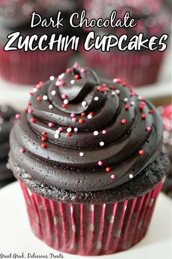  A Dark Chocolate Zucchini Cupcake with red, white and pink sprinkles, on a little white cupcake stand.
