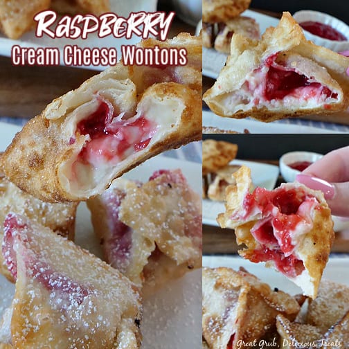 A collage picture of Raspberry Cream Cheese Wontons on a white plate with a bite taken out of one wonton, showing the raspberry cream cheese center. The title in in the top left corner.