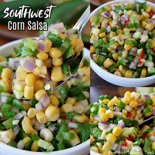 A 3 photo collage of Southwest Corn Salsa in a white bowl.