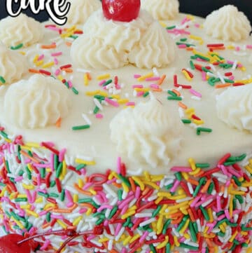 A funfetti cake showing the frosting and candied sprinkles surrounding the cake.