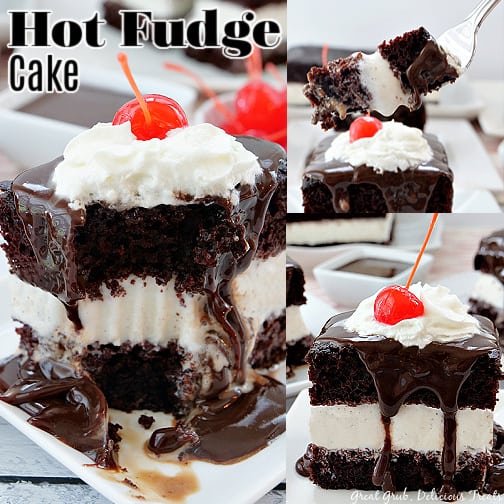A 3 photo collage of hot fudge cake, layered with vanilla ice cream, topped with gooey fudge, whipped cream, and a delicious maraschino cherry.