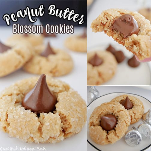 A 3 photo collage of peanut butter blossom cookies on white plates.