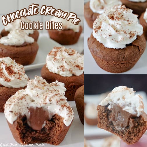 A 3 photo collage of Chocolate Cream Pie Cookie Bites filled with chocolate pudding and placed on a white surface, and the title of the recipe at the top left-hand side.