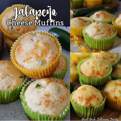 A collage of three up close pictures of Jalapeno Cheese Muffins in green and yellow muffin liners with the title at the top left.