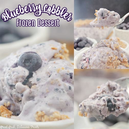 A three photo collage of  blueberry cobbler frozen dessert in a small white bowl.