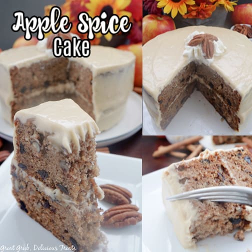 A 3 photo collage of a apple spice cake with brown sugar frosting on a white plate with the cake in the background and the title of the recipe up in the left hand corner.