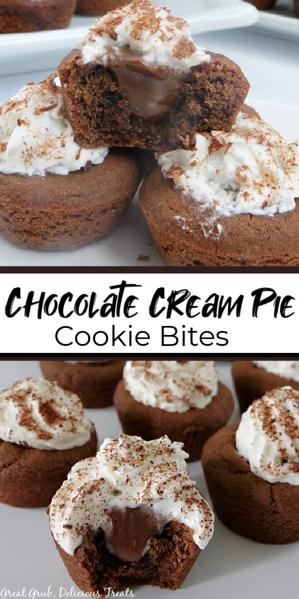 A double collage photo of Chocolate Cream Pie Cookie Bites with a bite taken out of one of the cookie bites, and the title of the recipe in the center of the photo.