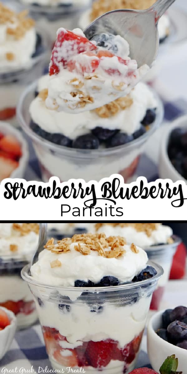 A 2 picture collage of strawberry blueberry parfaits layered in a clear cup and a picture of a bite on a spoon.