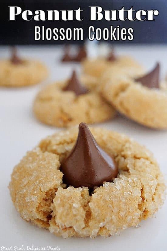 A close up of a peanut butter blossom cookie on a white surface with more cookies in the background.