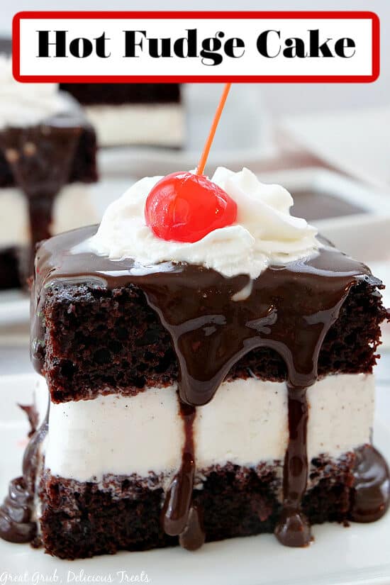 A close up photo of hot fudge cake with vanilla ice cream, whipped cream, and a cherry on top. 