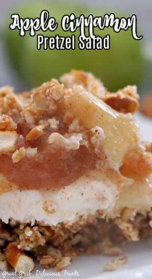 A close up photo of a piece of Apple Cinnamon Pretzel Salad on a white plate with the title of the recipe at the top of the photo.