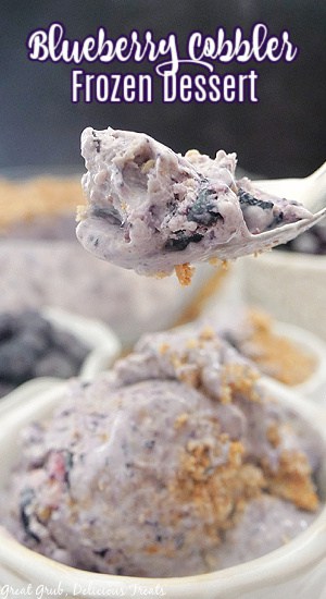 Blueberry cobbler frozen dessert in a small white bowl and a spoonful of blueberry dessert.