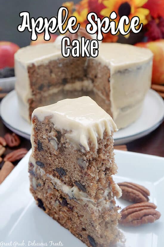 A double layer piece of apple spice cake on a white plate with the whole cake in the background and the title of the recipe at the top of the photo.