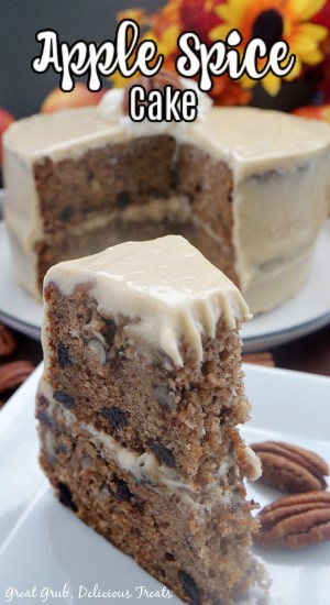A slice of apple spice cake on a white plate with the whole cake in the background.
