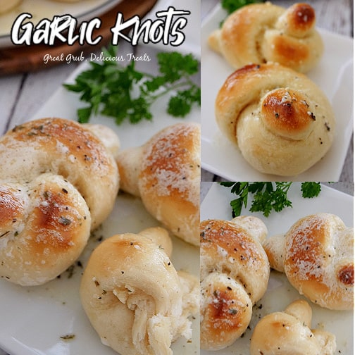 A three photo collage of homemade garlic knots on a white plate.
