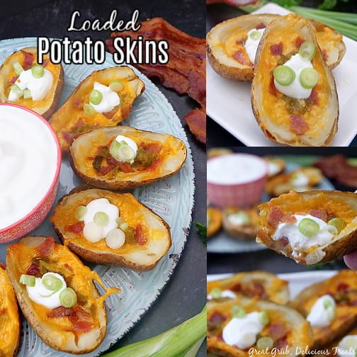 A three photo collage of loaded potato skins on a white plate, all with a dollop of sour cream on them and sliced green onions.